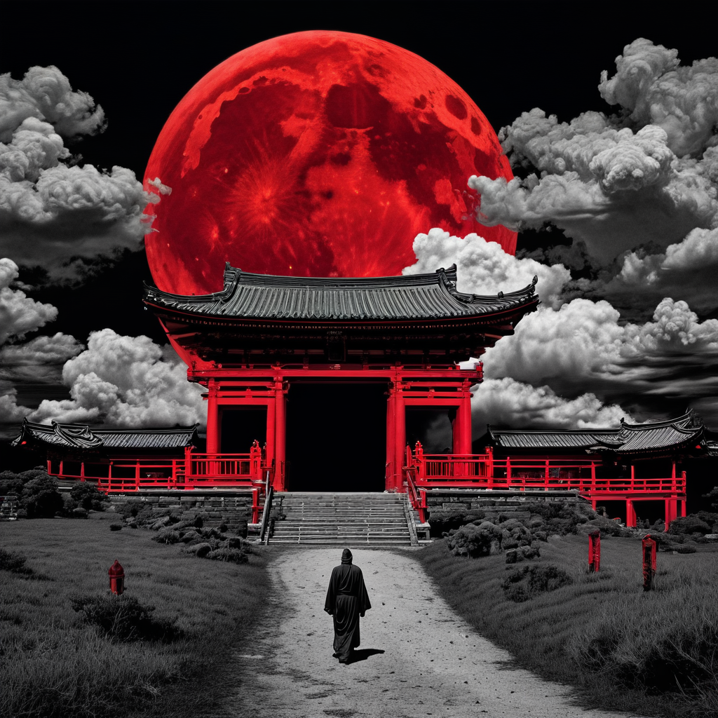 Blood Moon Gate - Selective Colour Over Monochrome, generated with HSX Nostalgicel