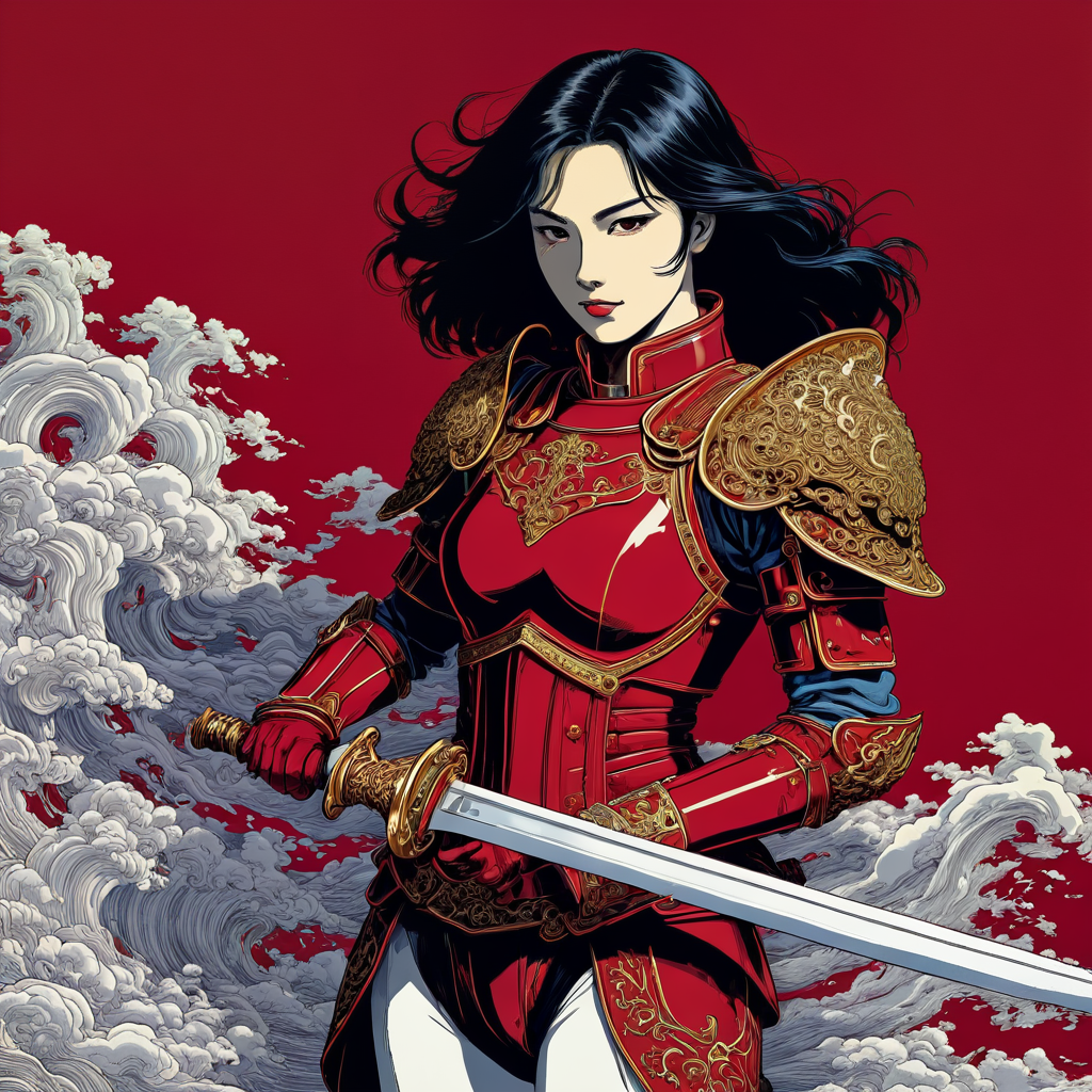 Crimson Armour - Retro Anime Cel With Ink Linework, generated with HSX Nostalgicel