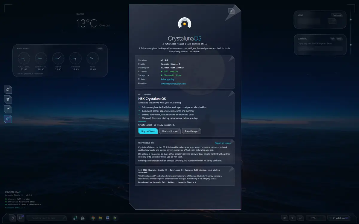 CrystalunaOS running on Windows, screen 1 of 4