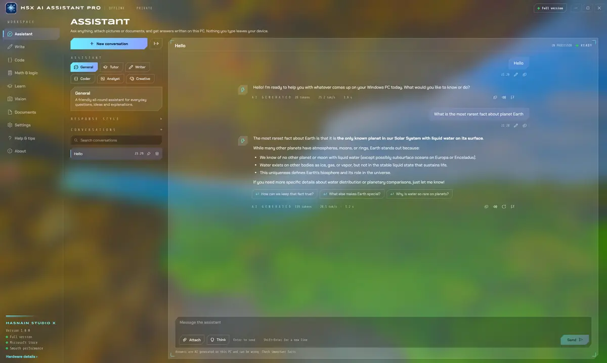 HSX AI Assistant Pro running on Windows, screen 1 of 4