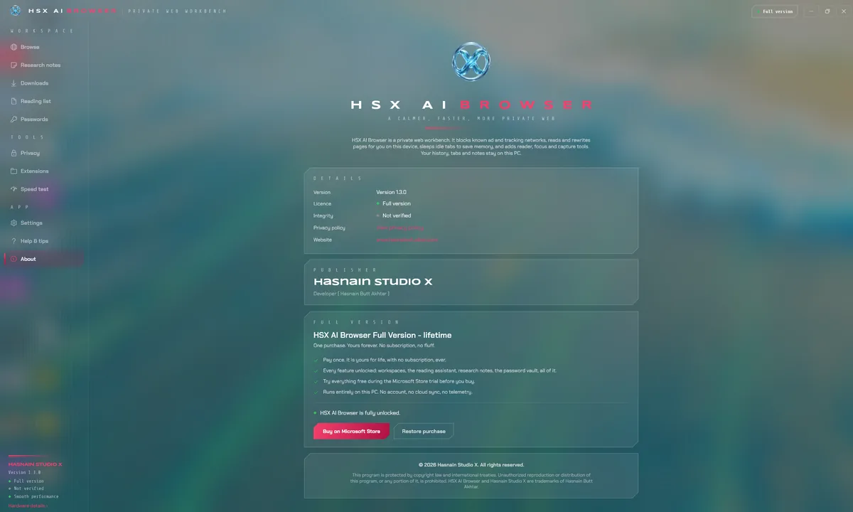 HSX AI Browser running on Windows, screen 1 of 4