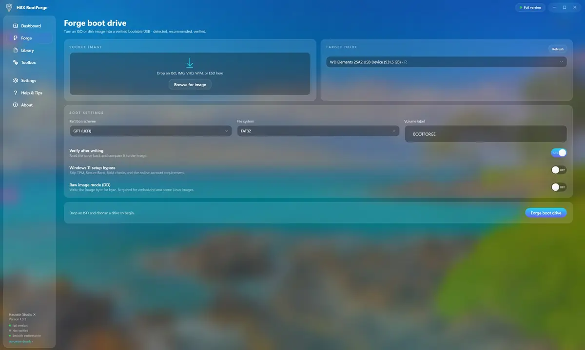 HSX BootForge running on Windows, screen 1 of 4