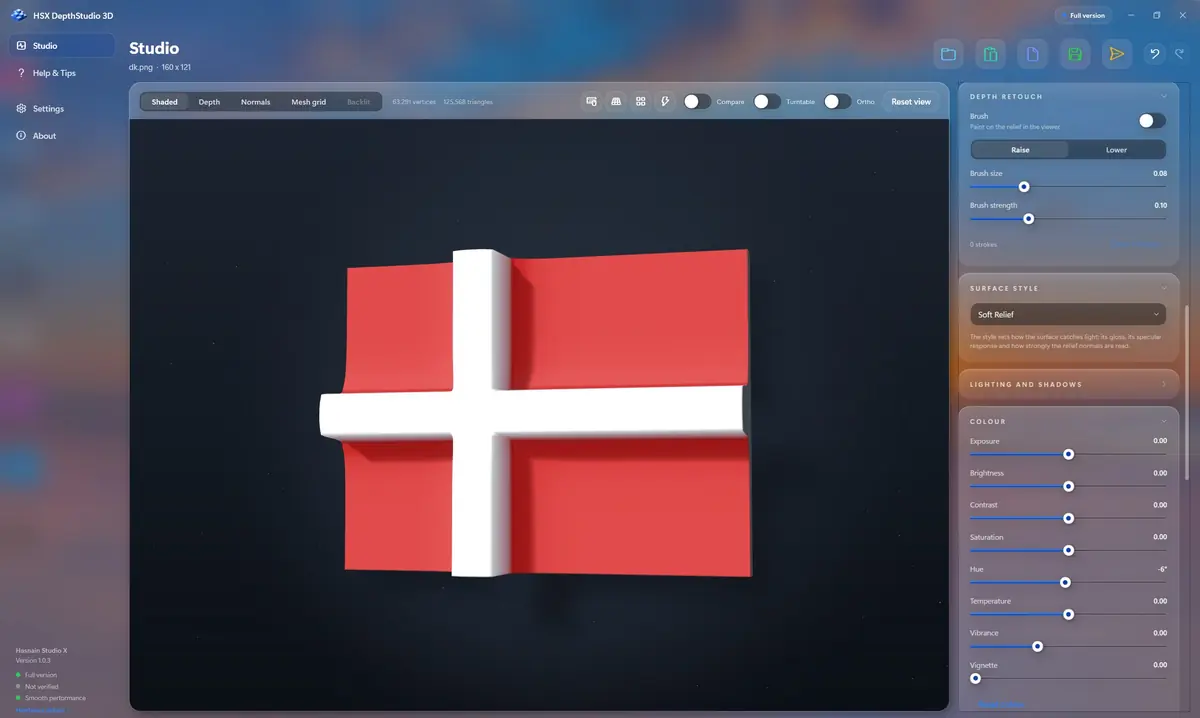 HSX DepthStudio 3D running on Windows, screen 1 of 4