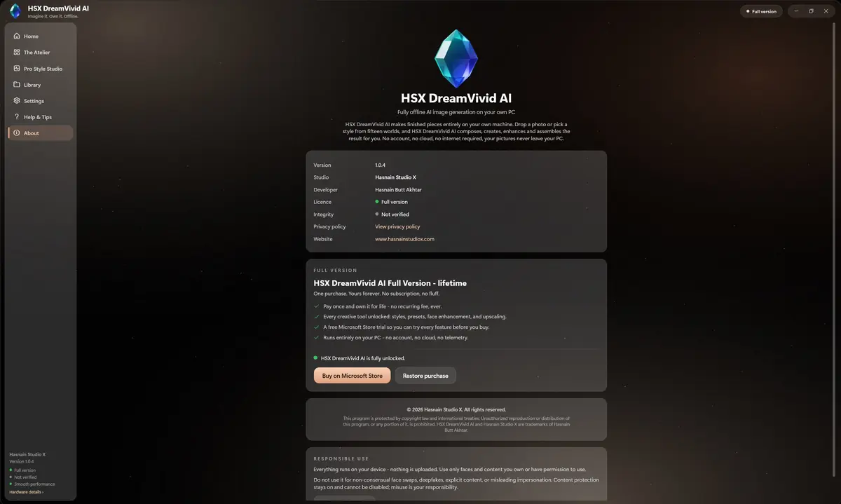 HSX DreamVivid AI running on Windows, screen 1 of 4