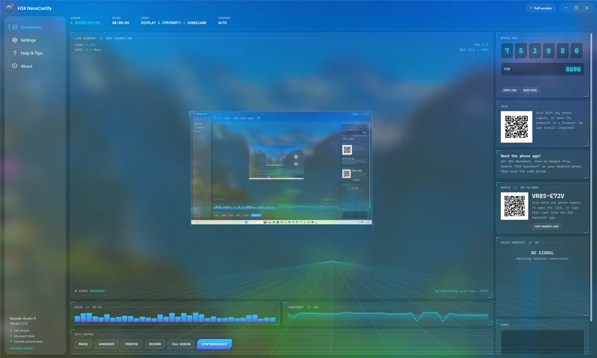HSX NanoCastify running on Windows, screen 1 of 4