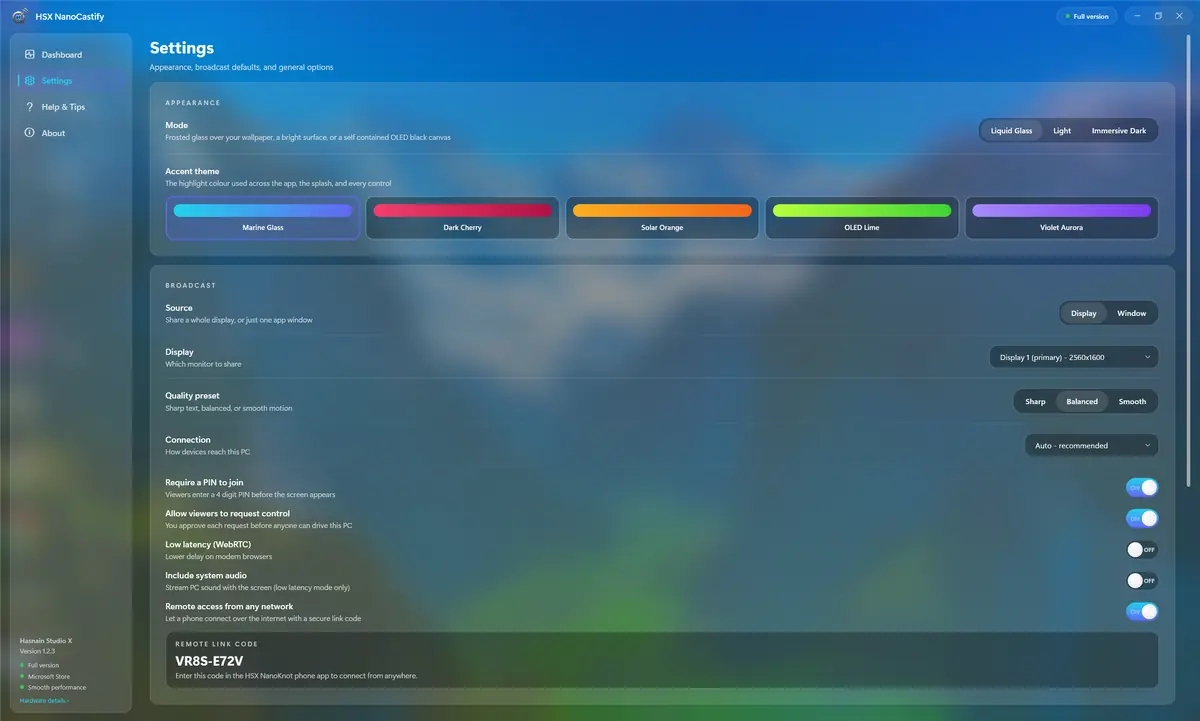 HSX NanoCastify running on Windows, screen 2 of 4