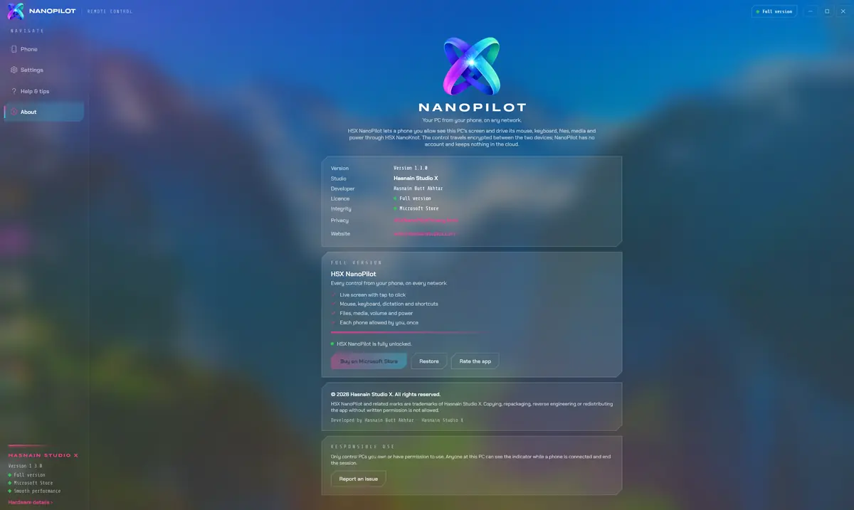 HSX NanoPilot running on Windows, screen 4 of 4