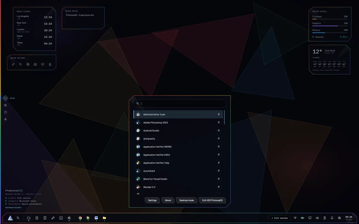 HSX PrisnovaOS running on Windows, screen 2 of 4