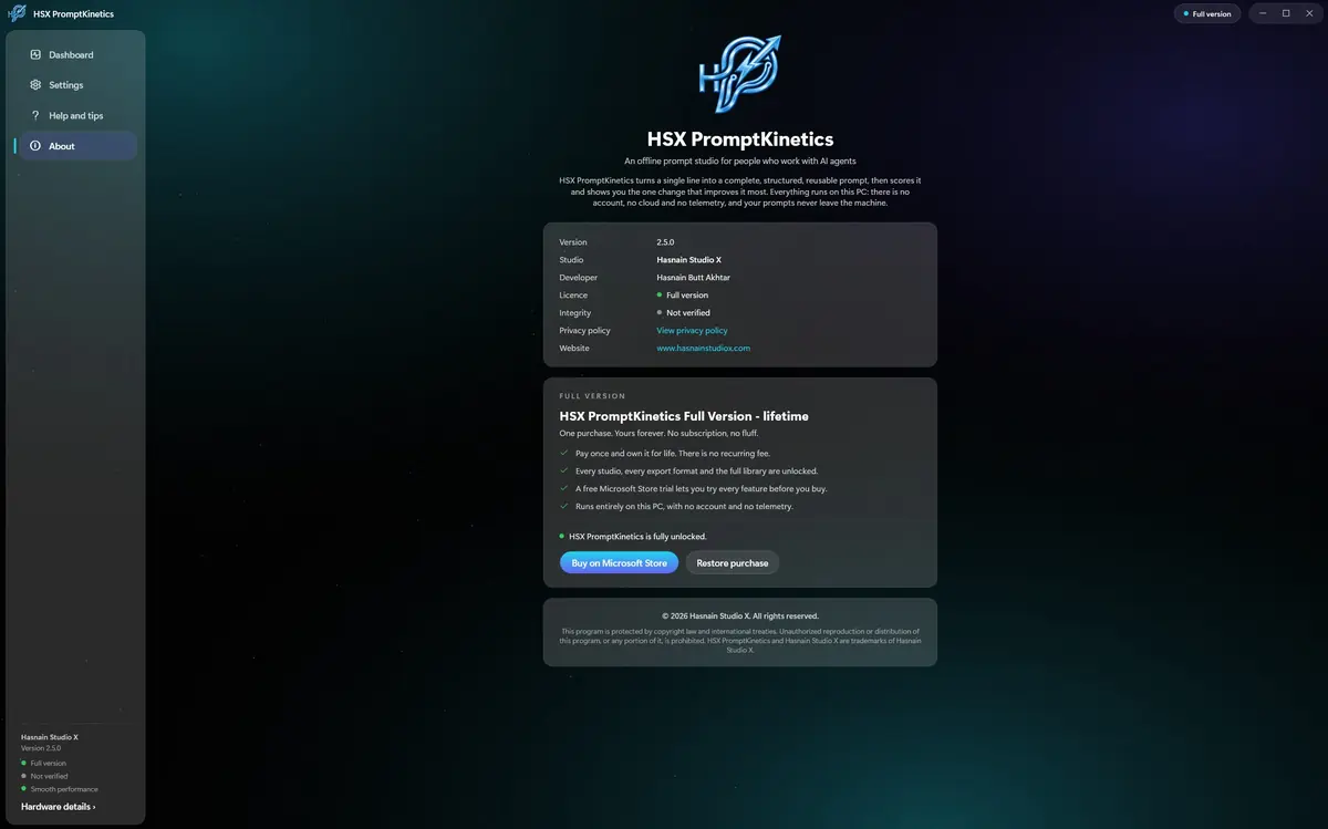 HSX PromptKinetics running on Windows, screen 1 of 4