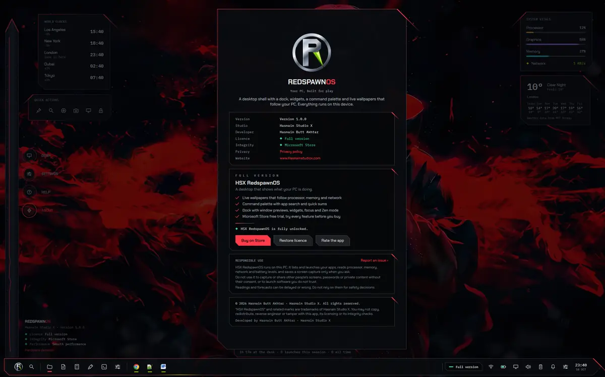 HSX RedspawnOS running on Windows, screen 1 of 4