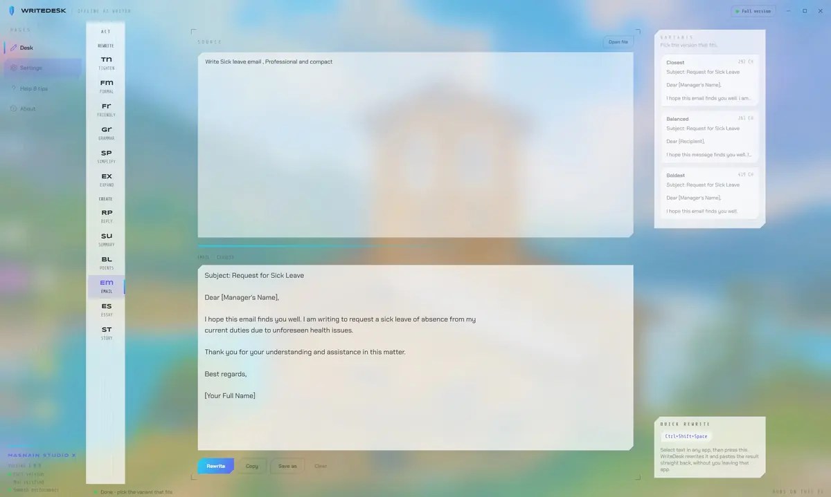 HSX WriteDesk running on Windows, screen 1 of 4