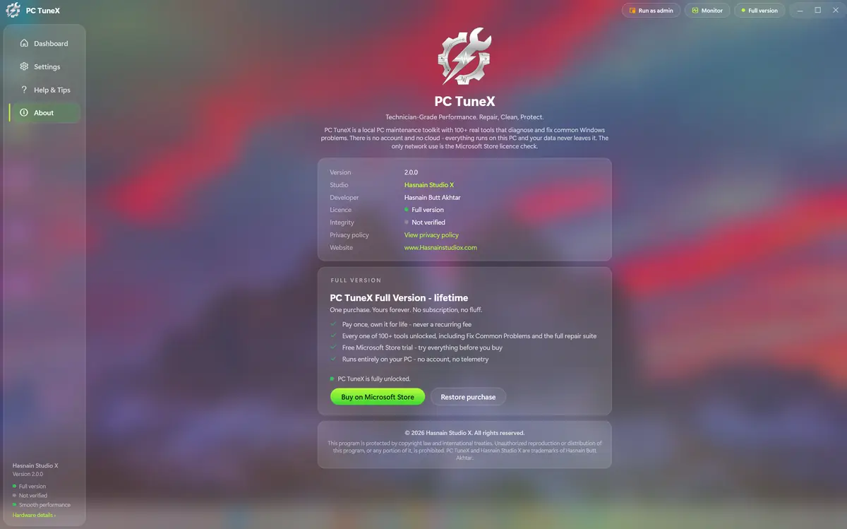 PC TuneX running on Windows, screen 1 of 4
