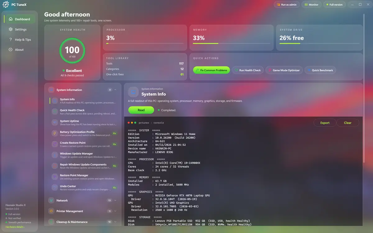 PC TuneX running on Windows, screen 2 of 4