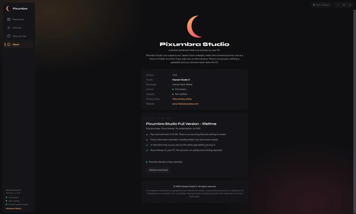 Pixumbra Studio running on Windows, screen 1 of 4