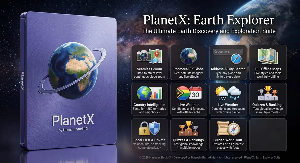 PlanetX: Earth Explorer running on Windows, screen 2 of 4