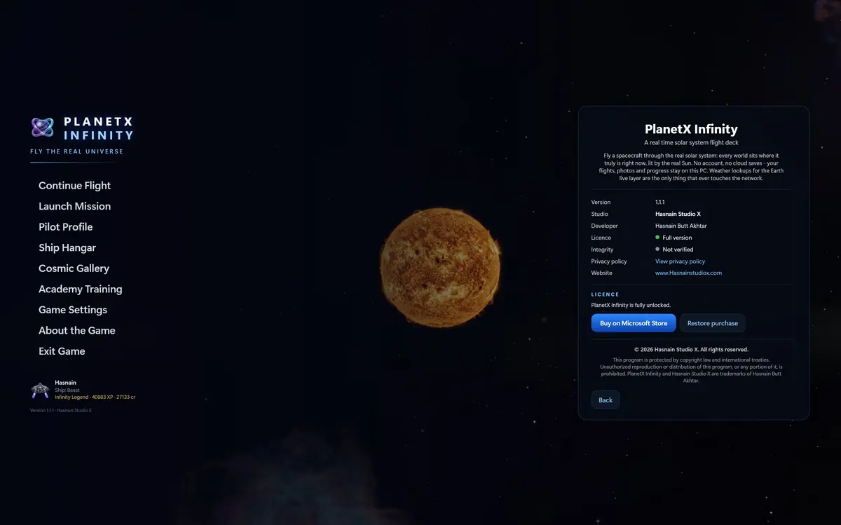 PlanetX: Infinity running on Windows, screen 1 of 4