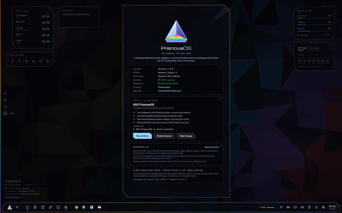PrisnovaOS running on Windows, screen 1 of 4