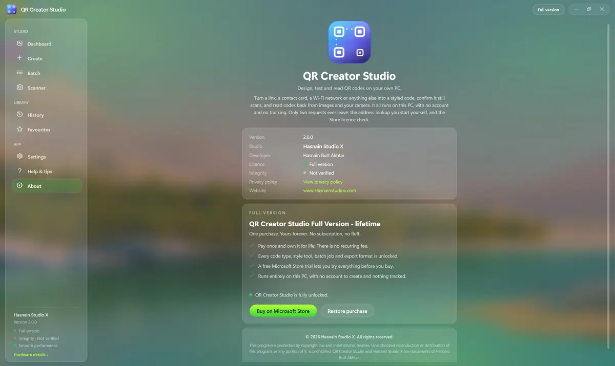 QR Creator Studio running on Windows, screen 1 of 4