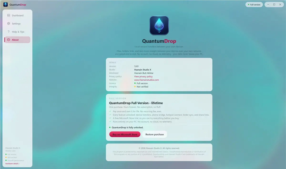QuantumDrop running on Windows, screen 1 of 4