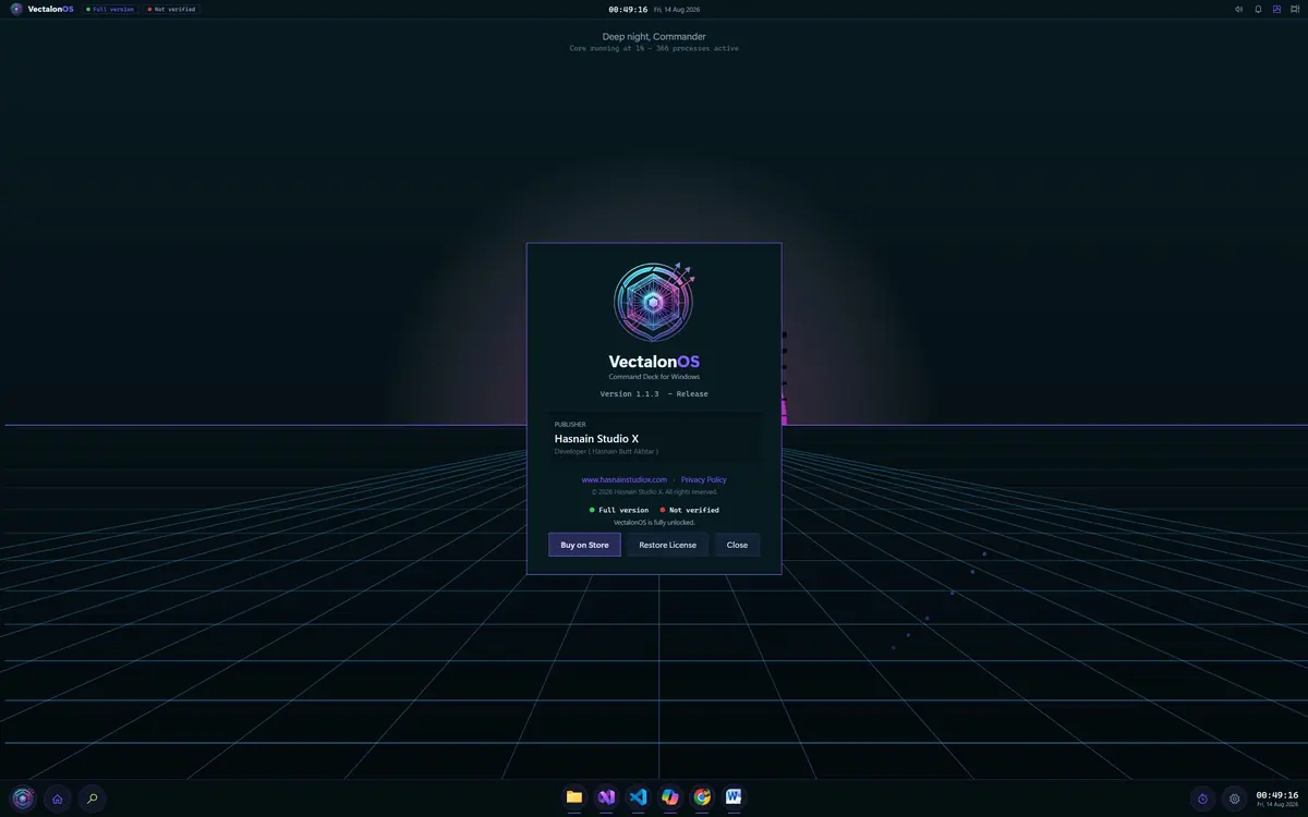 VectalonOS running on Windows, screen 1 of 4