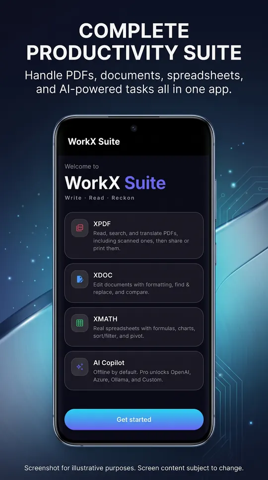 WorkX Suite running on Android, screen 1 of 6