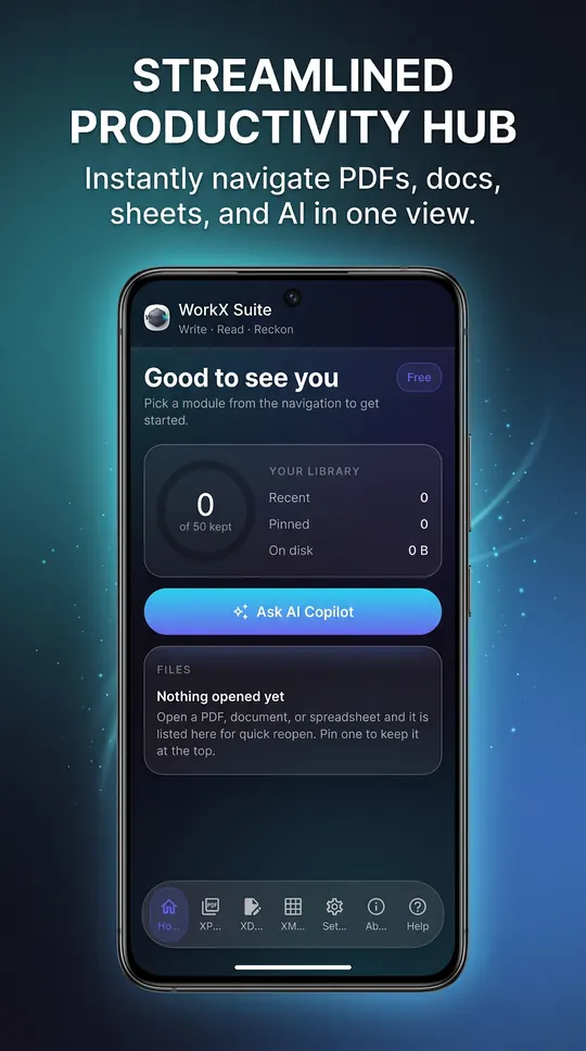 WorkX Suite running on Android, screen 2 of 6